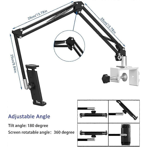 Nettbrettholder for seng, justerbar og sammenleggbar med 360 graders rotasjon for iPhone, iPad, mobiltelefon, nettbrett, Kindle Fire 1.85\"-12.8\" (Forlenget arm)