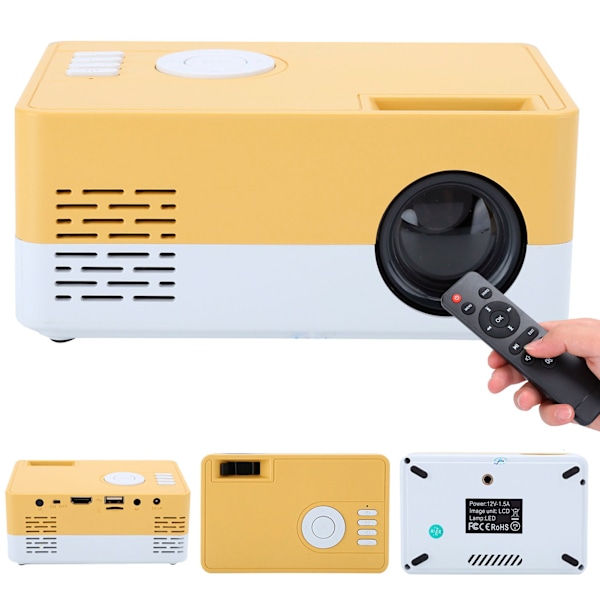 Mini bærbar projektor LED hjemmekino videomediespiller projektor med stativ 100‑240V hvit gul EU-plugg