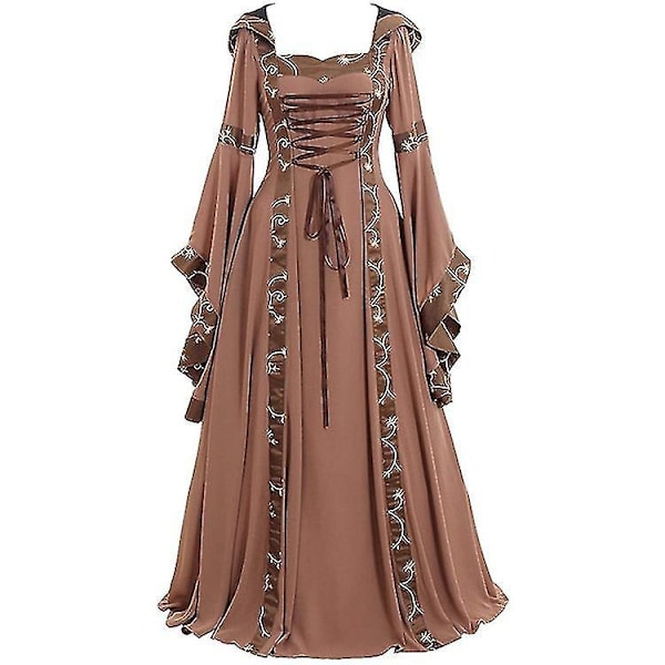 Vintage Lace Middelalderkjole til Halloween i Brun - Firkantet Halsudskæring og Flare Ærmer