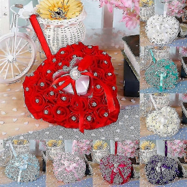 Rosblomma Rhinestone Hjärtformad Satin Rosett Ringbox Kudde Bröllopsgåva-zzy