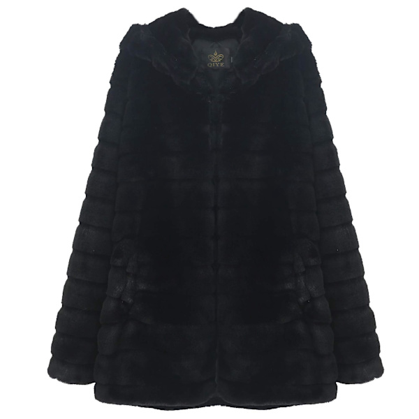 Fuzzy Sort Faux Mink Fløjl Hættejakke Frakke 3XL