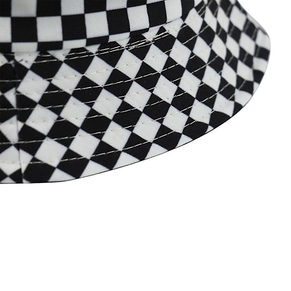 Vendbar Bucket Hat Sort og Hvidt Ternet Print Bomuld Fiskerhat Unisex Foldbar Solhat til Vandreture Camping Rejser Fiskeri (56-58cm)