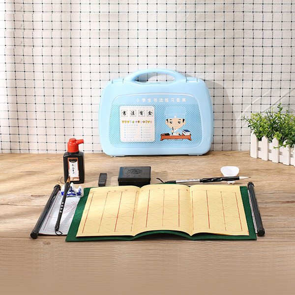 Student Calligraphy Practice Tool Set Writing Brush Ink Stick Writing Cloth (Blue)