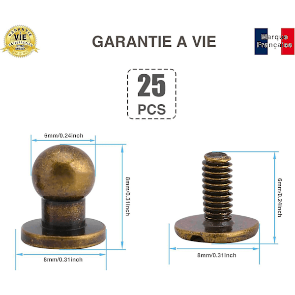 Kaulusnappi - 25 kpl pakkaus - Elinikäinen takuu - Pyöreä kaulusnappi - Koko 6X8MM - Pronssinvärinen messinkiruuvikaulusnappi nahkaniiteille/vyölle/Sh