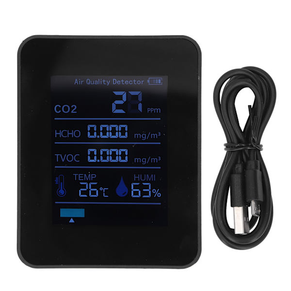 5 i 1 kuldioxiddetektor ABS elektroniske komponenter 1500mah temperaturfugtighedsmåler til hjemmekontor sort