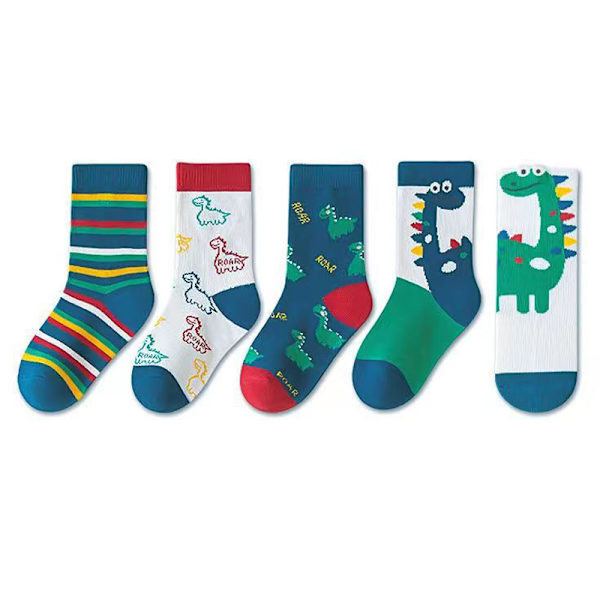 5 par barnsockor i midcalf-höjd med söta tecknade dinosauriemönster, accessoarer för 6-8 år gamla
