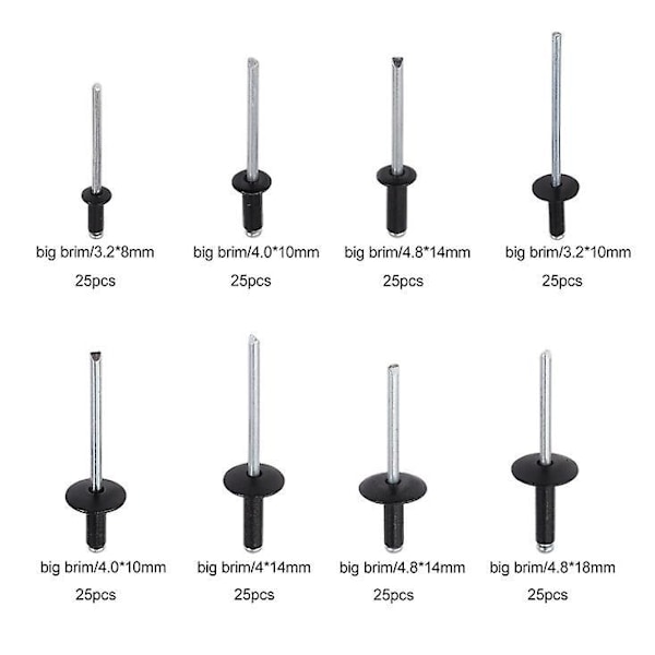 Black Rivet 200 Stk Blindnagler med Boks Aluminium Nagler Popnagler Sortiment Åpne Runde Nagler Aluminium Blindnagler Kuppelhode