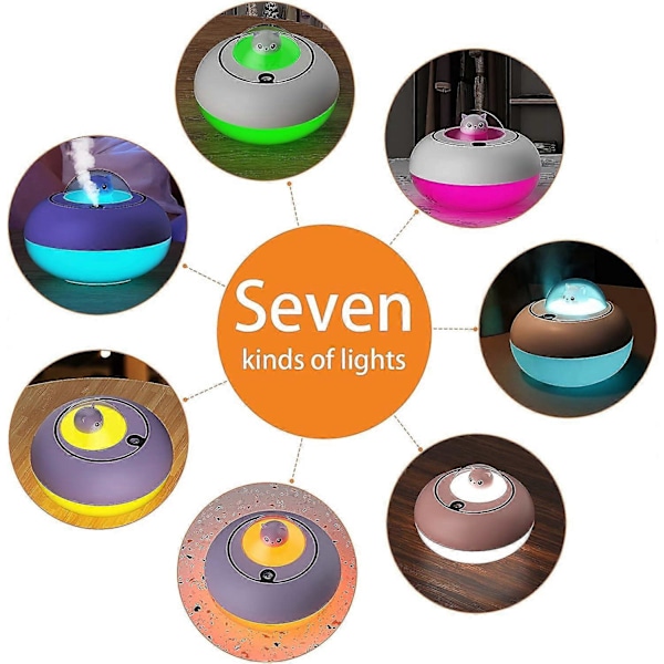Søde Luftfugtere til Hjemmet Soveværelse, 300 ML Mini Luftfugtere med 7-Farvet LED Lys, Timer Auto Sluk