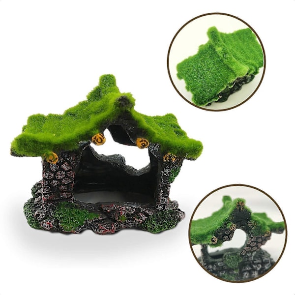 Akvarium Ornament Hul Resin Hus Skjult Klippehus med Mos Hule til Betta Fisk Små Firben