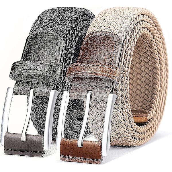 Herre Elastisk Flettet Web Bælte - 2 Pak, Elastisk Bælte til Casual Golf, Jagtbukser og Jeans - 1 3/8\" 26 til 30 tommer 2pak beige Mørkegrå1499