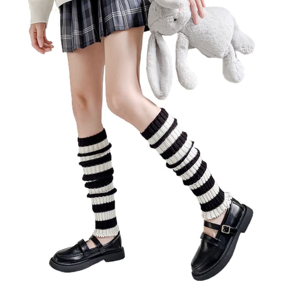 Dame Lolita Punk Benvarmere Sort Hvid Stribede Ribstrikkede Knæhøje Strømper