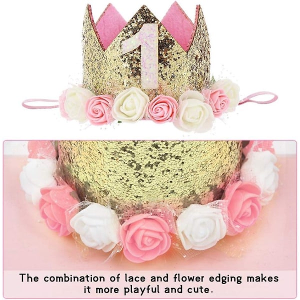3-årsdagen Princess Crown Party Hat med blinkende mynt og rosa dekorasjoner for jenter, bursdagsgave