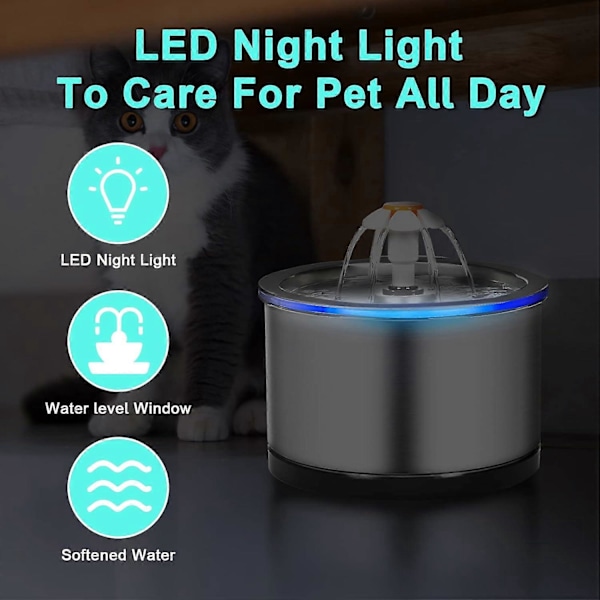 Kattfontän, 2,5L Nivå 4 Tyst Kattfontän, Kattfontän med LED-lampor
