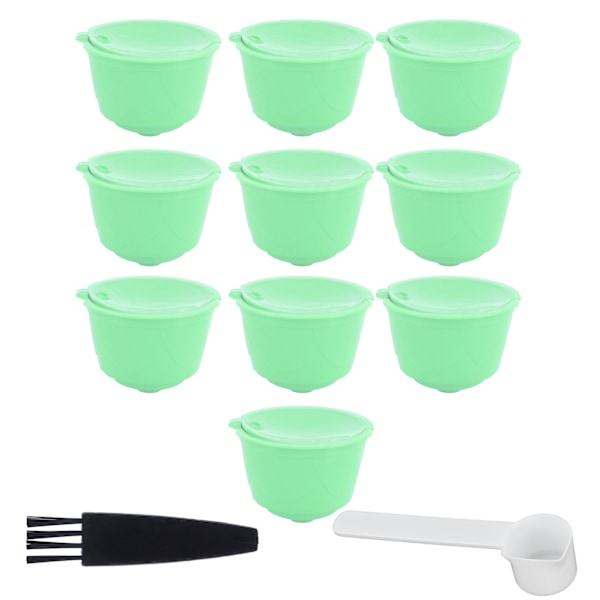 Kaffe Kapsel Sett Rustfritt Stål Kaffe Filter Kopp for DOLCE GUSTO Kaffemaskin (Grønn 10 Kapsler 1 Skje 1 Børste)