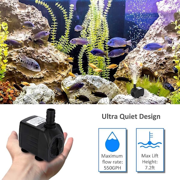 Ultra Stille 30W Nedsænkbar Springvandspumpe - 2000L/h, Dyser til Akvarium, Fiskedam, Dam, Hydroponik
