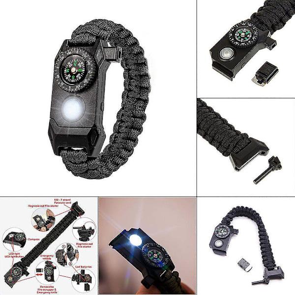Overlevelsesarmbåndsett med paracord - Taktisk nødsituasjonsutstyr med LED-lys, multiverktøy, ildstarter, kompass og fløyte