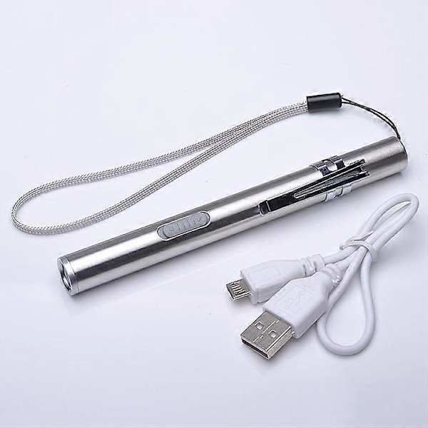 LED USB Penlight Mini Diagnostisk Medicinsk Pen Lommelygte, Rustfrit Stål Vandtæt Genopladelig Pen Lommelygte med Lommeklips + USB Kabel til Mekaniker,