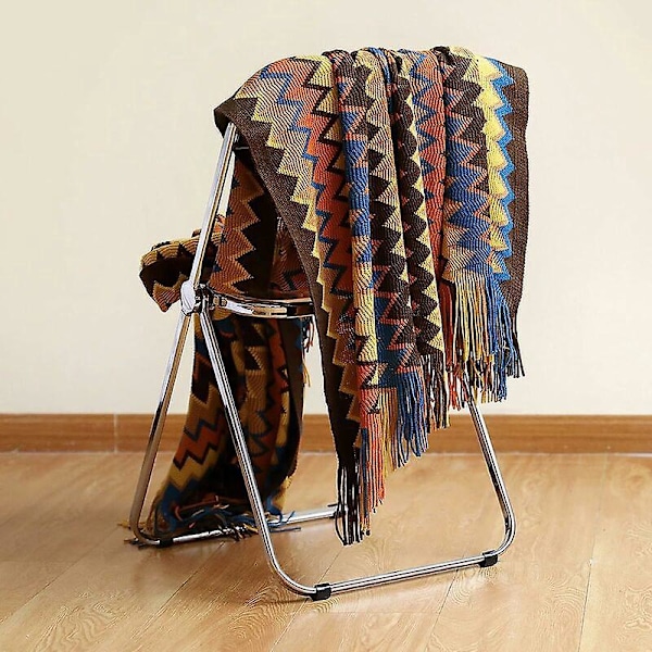 Stor Rutig Bohotäcke Stickad Filt 130 X 230cm i Akrylfiber med Fransar för Soffa Fåtölj Sovrum Säng (Orange),