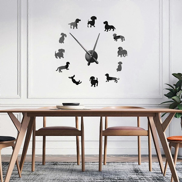 DIY Tax Wall Art Wiener-Dog Valp Hund Djur Ramlös Jätte Väggklocka med Spegeleffekt Korv Hund Klocka Väggklocka