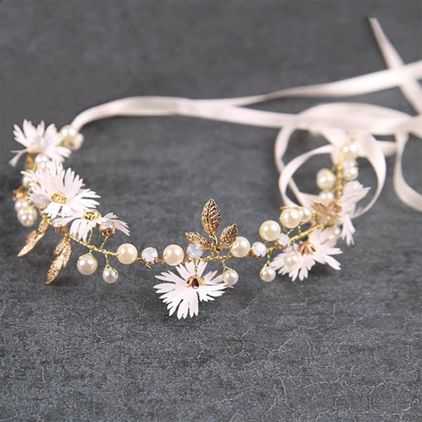 Blommig bröllopsdiadem vit strass falsk pärla glänsande elegant söt brud bröllopshuvudbonad