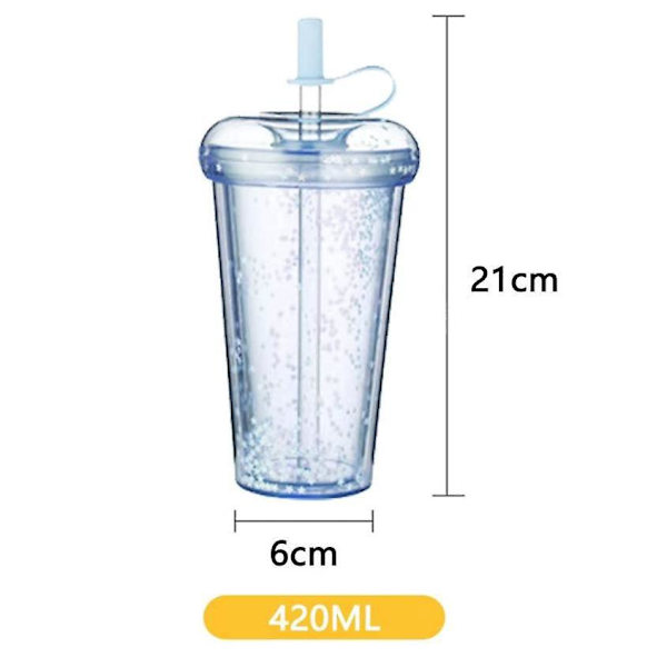 Dobbel Straw Tumbler, 420ml, med lokk & sugerør, gjenbrukbar vannflaske (blå)