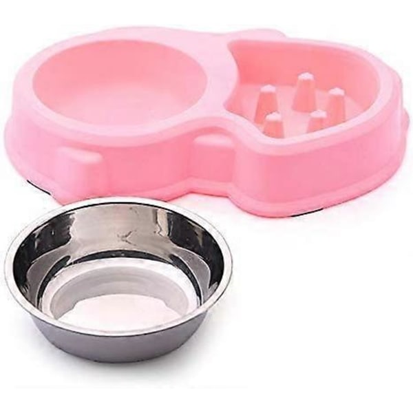 Dubbel Skål för Vatten och Mat 1 Skål i Rostfritt Stål och 1 Anti-Glutton Skål för Katt och Liten Hund (Rosa)
