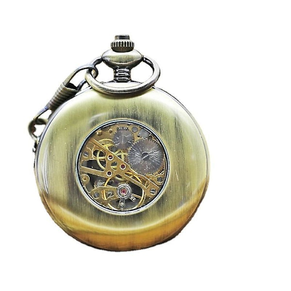 Steampunk Mekanisk Skelettklocka för Män Kopparguldpläterad Dubbellock Retro Stil Hängande Fickur