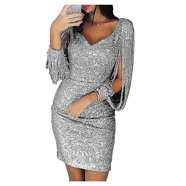 Sparkling Silver Sequin Deep V-neck Mini Dress with Long Tassel Sleeves