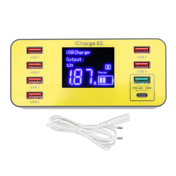 8 Port Ladestation 40W Hurtigopladning Multi Port USB Hub Oplader med LCD Digital Display 100‑240V EU-stik