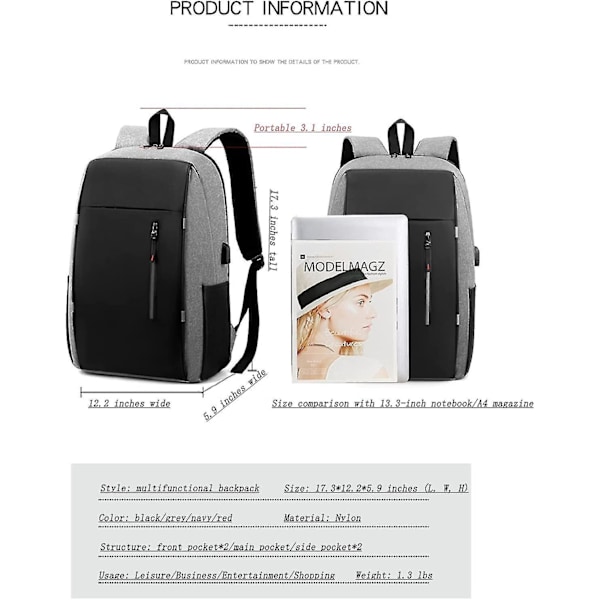 Verktygsväska Grå Laptop Ryggsäck Vattentät Resväska Med USB Laddningsport 15,6 Tums Dator Business Casual Ryggsäck