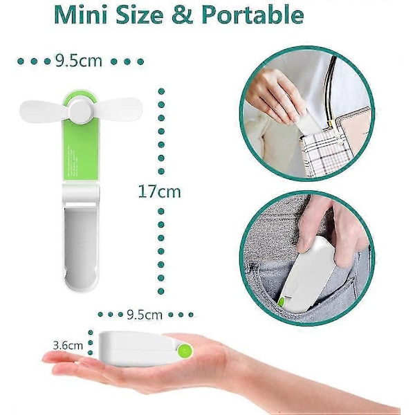 Hiljainen taskutuuletin, kannettava käsituuletin ladattava mini-USB-tuuletin kirjastoon, retkeilyyn, matkoille, toimistoon, vihreä 33,69,2 cm