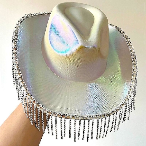 Funklende Western Cowgirl Hat med Rhinestones og Frynser - Perfekt til Kvinder og Piger til Temafester Blå