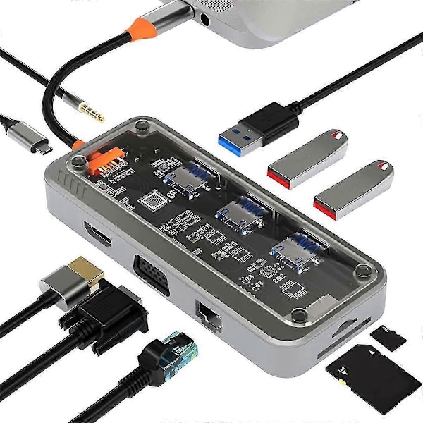 10 i 1 USB C Hub Adapter, USB C Dockingstation för bärbara datorer, kompatibel med dubbla skärmar, USB3.0 2.0-portar, 100W PD