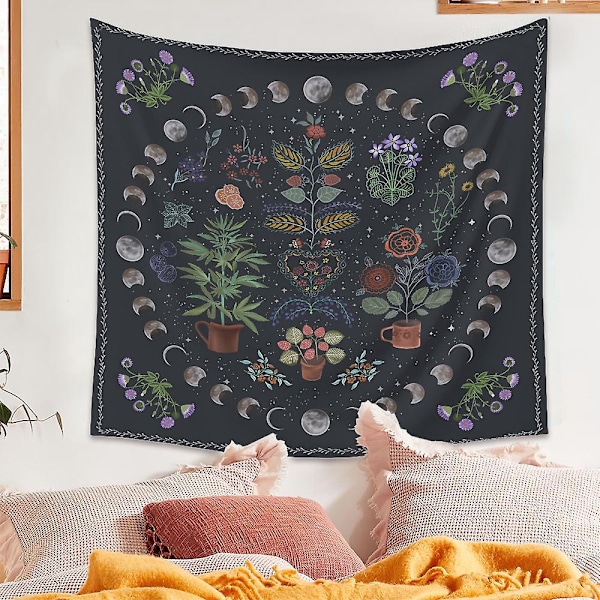 Veggteppe Blomster Planter Måne Bohemsk Veggteppe Dekorasjon for Hjem Stue Soverom Hybel, 130x150cm