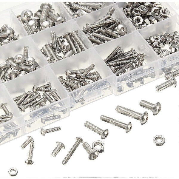 Sæt 440PCS M3 M4 M5 Rustfrit Stål Sekskantet Knap Hoved Socket Hoved Kabel Bolte Skruer Låsemøtrik Sortimentssæt med Opbevaringsboks