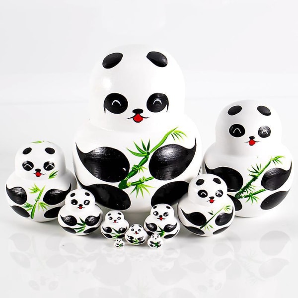 Håndlaget 10-delers Panda Nesting Dolls Set - Matryoshka Russian Doll Series