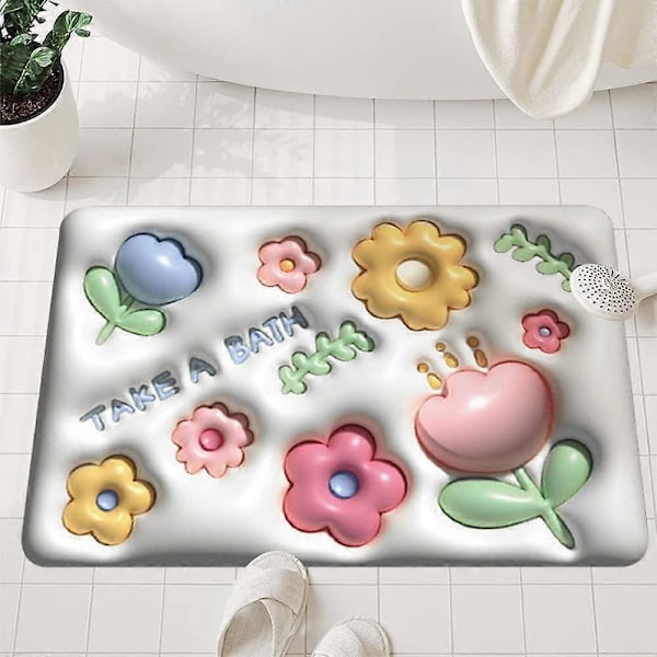 Blomstermønstret skridsikker bademåtte 40 x 60 cm, badeværelsesmåtte, skridsikker måtte, diatoméjord bademåtte, 3D vision gulvmåtte til brusebad, badekar og toiletsæt A