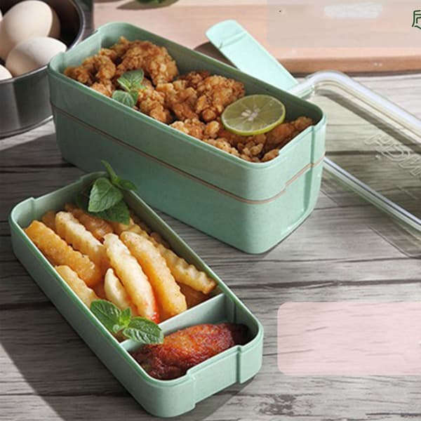 Lunchmatlåda 3 lager läckagesäker stapelbar rektangulär bärbar Bento-låda för vuxna studenter grön