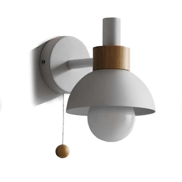 Modern Vägglampa, Vägglampa i Järn och Trä med Dragströmbrytare, E27 Rund Vägglampa, Sänglampor, Läslampor, Belysning för Sovrum Vardagsrum, Vit