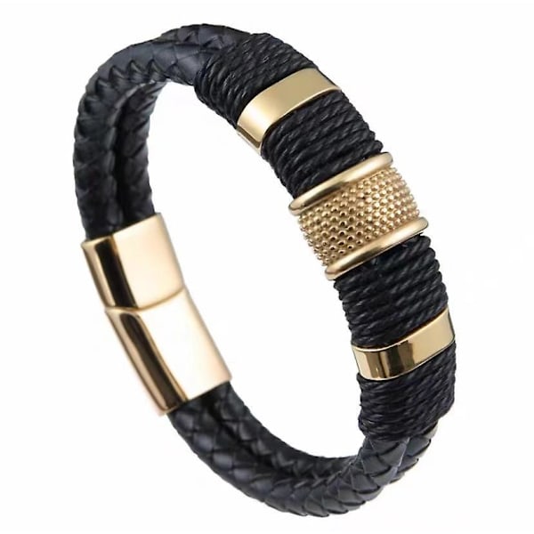 Mænds Premium Sort Læderarmbånd med Guld Magnetisk Rustfrit Stål Spænde