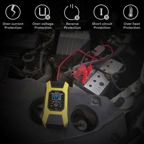 7A/12V Älykäs akkulaturi Kannettava nopea moottoripyörän laturi LCD-näytöllä Suojaus Korjaustila autolle Moottoripyörälle Auto Keltainen