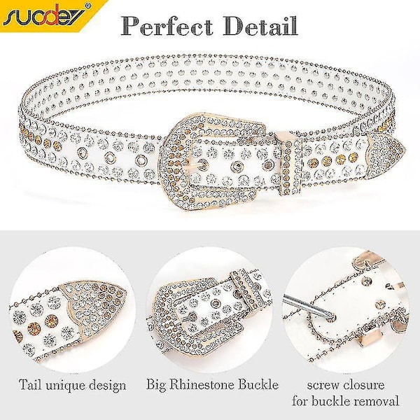 Western Style Rhinestone Studded Läderbälte för Män och Kvinnor - Perfekt för Jeans och Byxor 125cm(49Inch) D vit