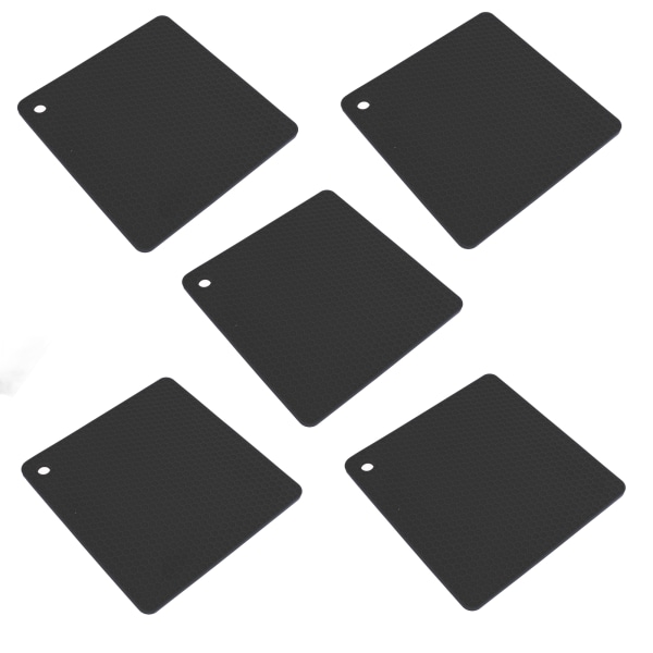 5 stk Silikon Gryteunderlag Matte Varmebestandig Antiskli Firkant Honeycomb Trivet Matte Varme Puter for Kjøkkenbenk Svart