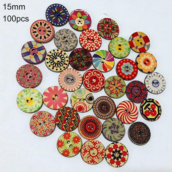 100 st Hantverksknappar Robust trä retro blomform blandade färger ljusa träknappar 15 mm diameter