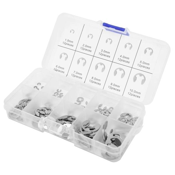 120 stk E Clip Washer Kit Rustfritt stål Åpen låsering Ringakselring M1.5-M10