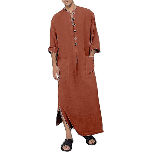 Men's V-neck Long Sleeve Kaftan with High Button Thobe and Side Split Cotton 2XL Brown