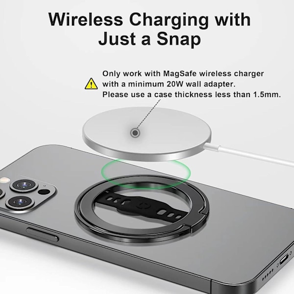 Svart-ny (uppgraderad) telefonhållare med silikongrepp kompatibel med MagSafe, magnetisk ringhållare, endast för iPhone 14, 13, 12 Pro/Max/Plus