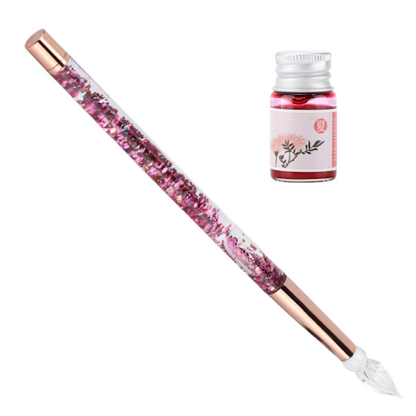 Glass Pen Holdbar, Vakker Bærbar Elegant Stil Blekk Skriving Dekorativ Kalligrafi Sett for Hjem Skole Glass Spiss Rosa