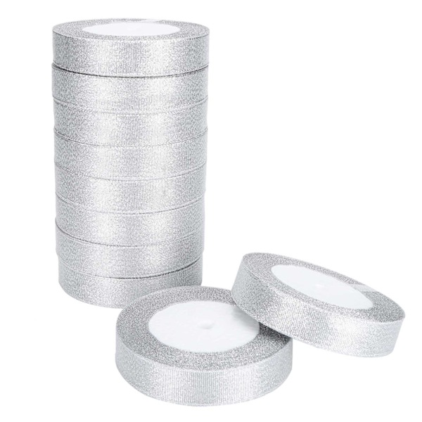 10 rullar glitter satinband polyester presentförpackning bröllopsdekoration festtillbehör silver