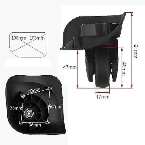 Suuri musta matkalaukun pyöräpari 91x107x49mm - 360° kääntyvä pyörä